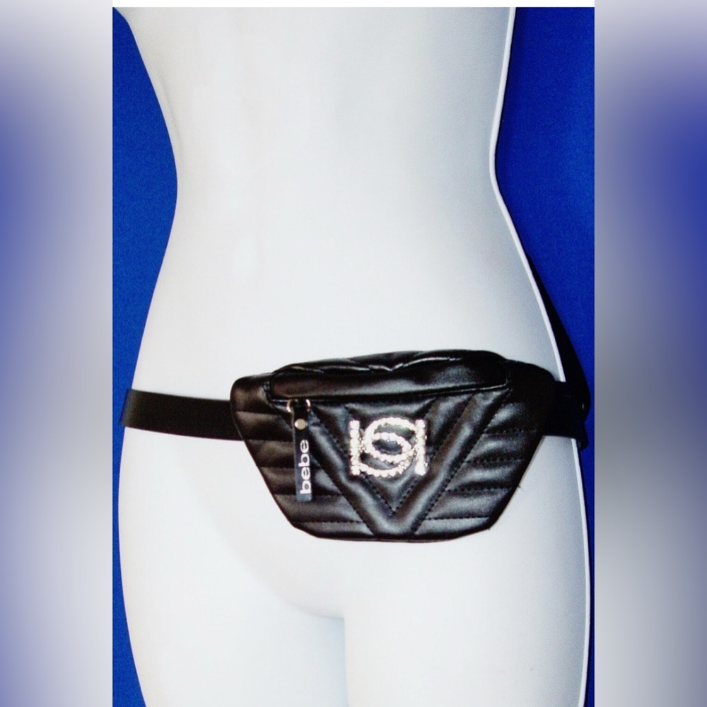 BEBE WOMEN'S BLACK LEATHER BELT ATTACHED CRYSTAL RHINESTONE LOGO ZIP POUCH M/L